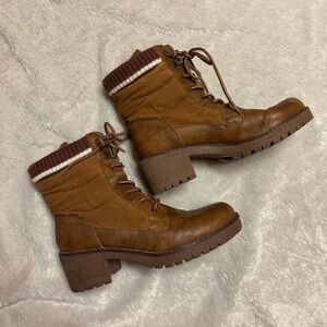 Tan Lace Up Boots with Knit Cuff by ROUGE